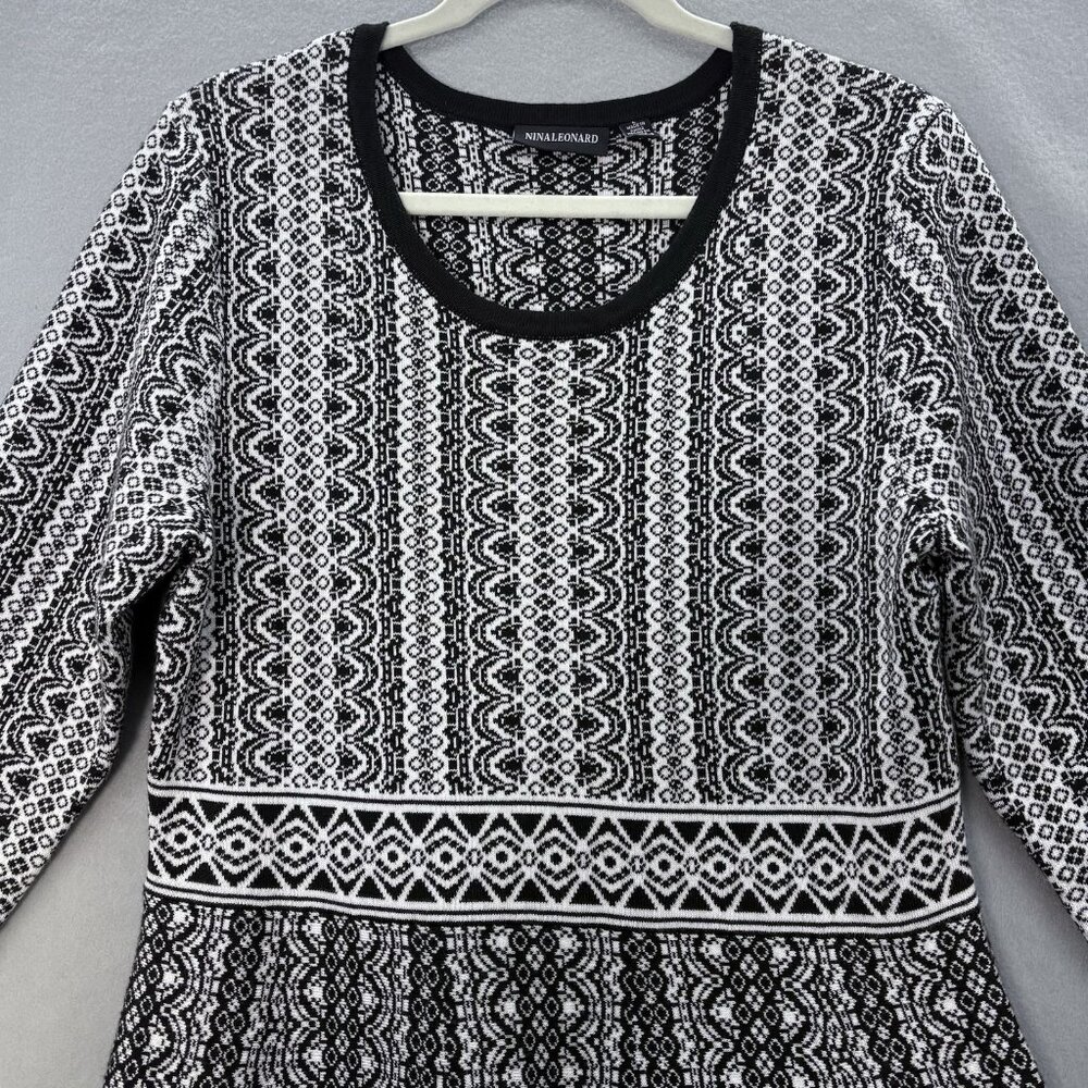 Nina Leonard Fit & Flare Knit Sweater Dress Geometric Print Black White Feminine - Picture 2 of 12
